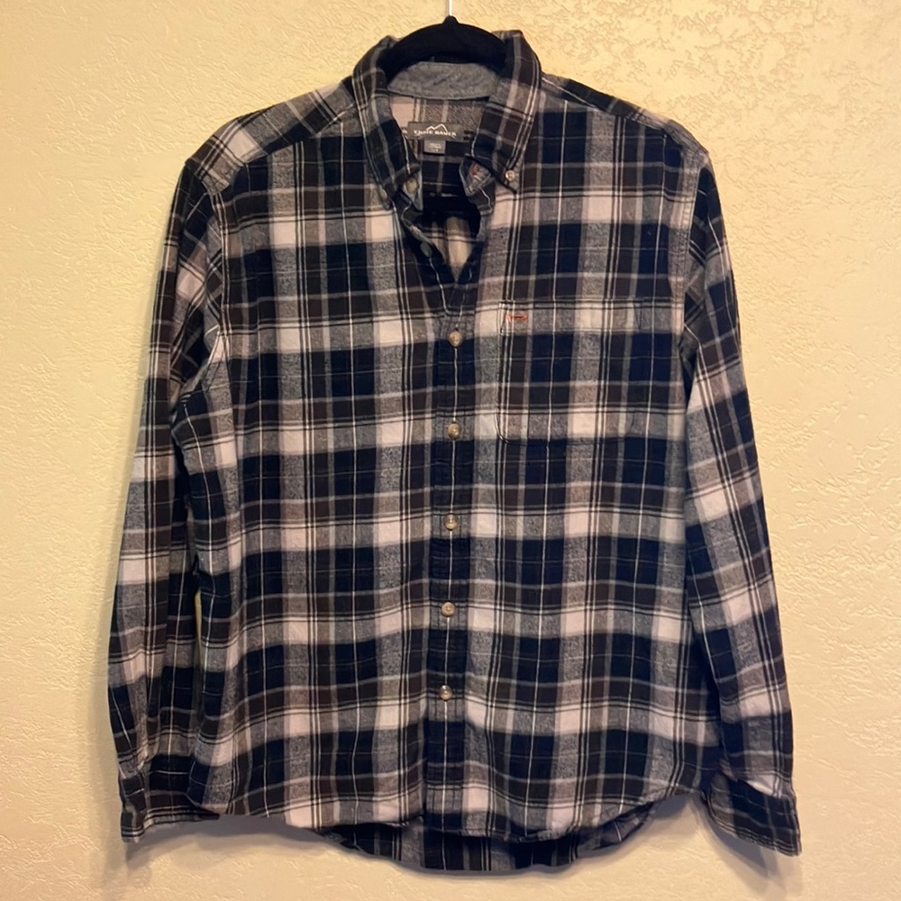 🎁2/$12   LG EDDIE BAUER LG BLACK BROWN TAN GRAY & WHITE PLAID FLANNEL SHIRT